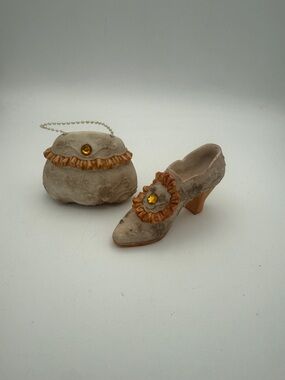 Miniature Shoe collection w/ purse beige/orange ruffles & faux stone accents
